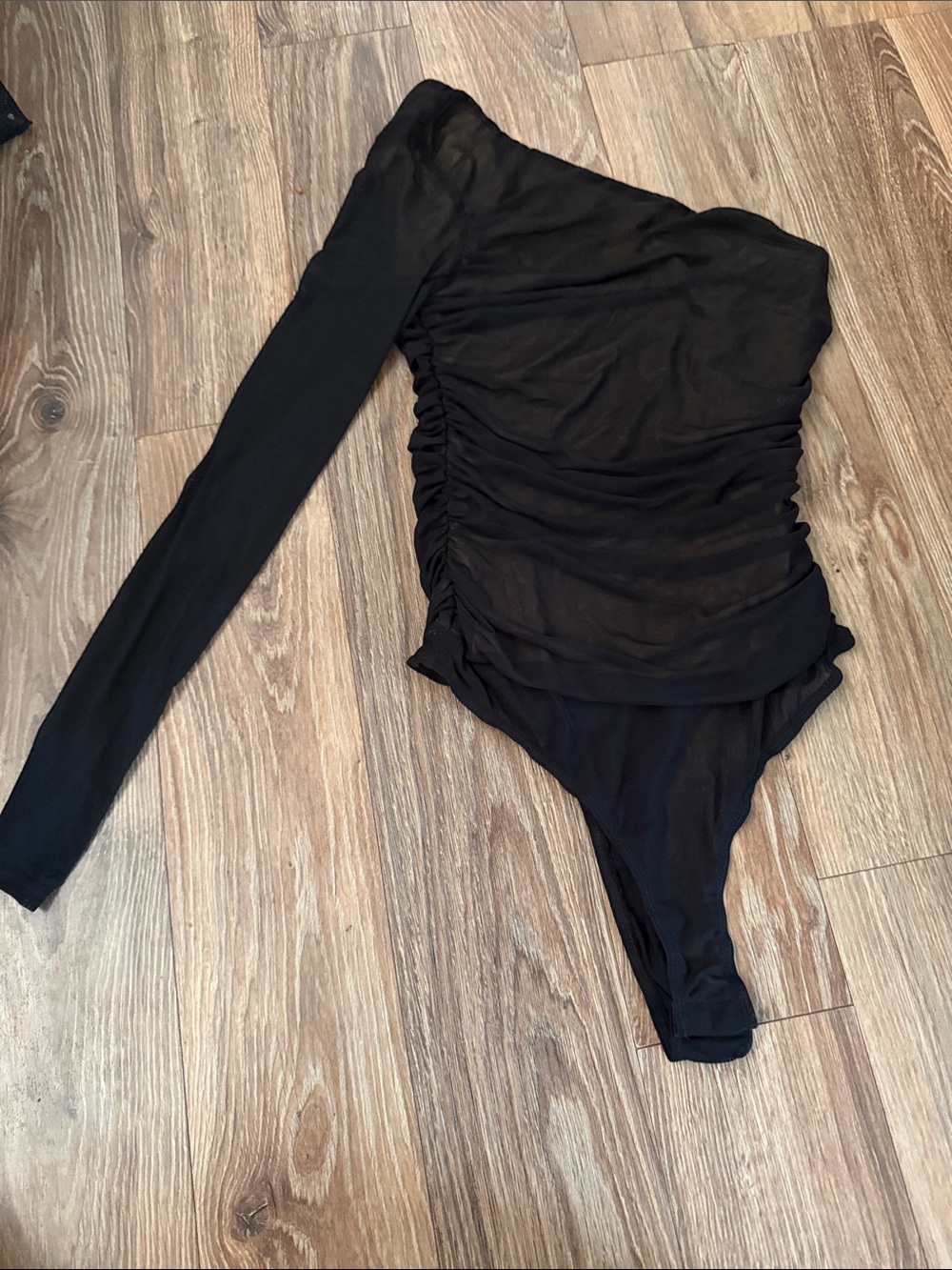 Lulu's Black One-Shoulder Ruched Bodysuit